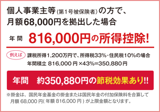 個人事業主等の方で、月額68,000円を拠出した場合、年間816,000円の所得控除！