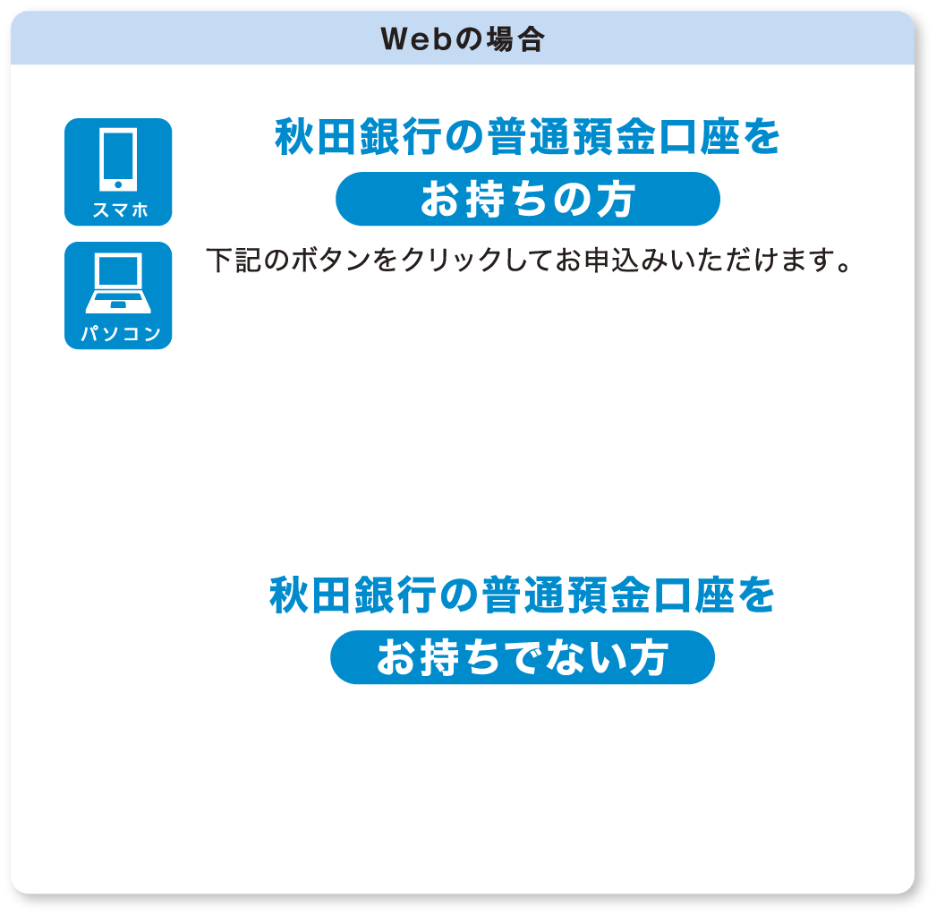 秋田銀行の普通預金口座をお持ちの方下記のボタンをクリックしてお申込みいただけます。
